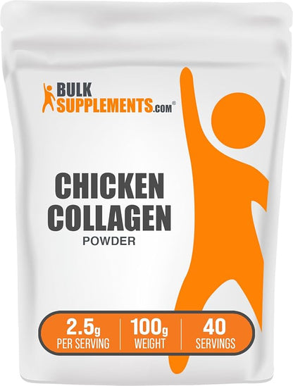 BulkSupplements.com Chicken Collagen Powder - Hydrolyzed Collagen Supplement, for Hair, Skin, & Nails - Unflavored & Gluten Free, 2.5g per Serving, 100g (3.5 oz) (Pack of 1)