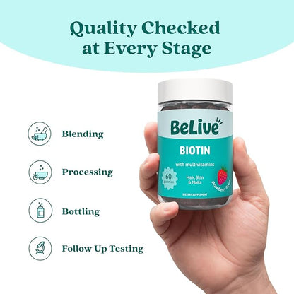 BeLive Biotin Gummies with MultiVitamins, Folate, Inositol – Supports Hair Growth, Healthy Skin & Nails – Vegan, Pectin Based – Strawberry Flavor (1)