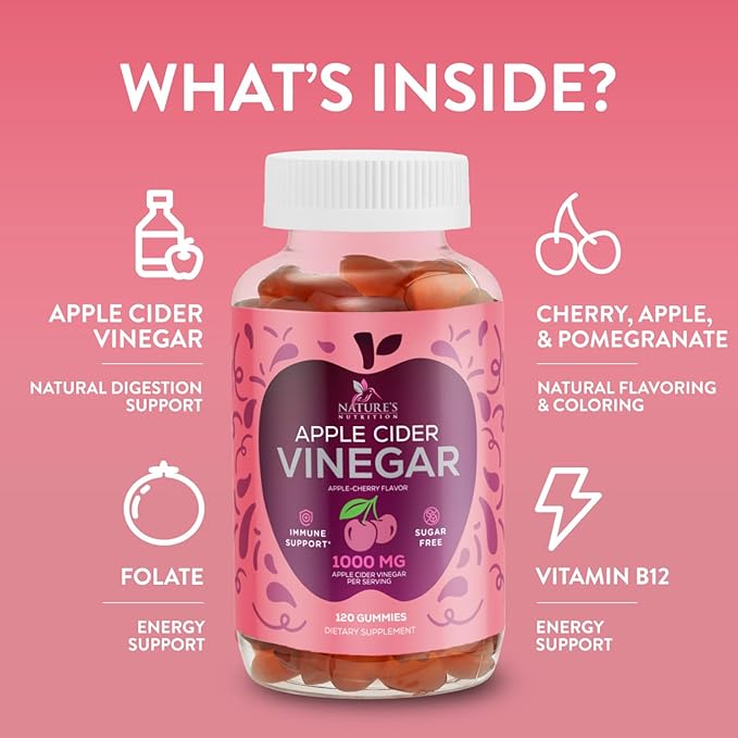 Apple Cider Vinegar Gummies 1000mg Per Serving - Sugar Free ACV Gummy Vitamins Supplement with Vitamin B12 for Energy - Keto Friendly Digestion, Detox, Cleanse Support, Vegan, Non-GMO - 120 Gummies