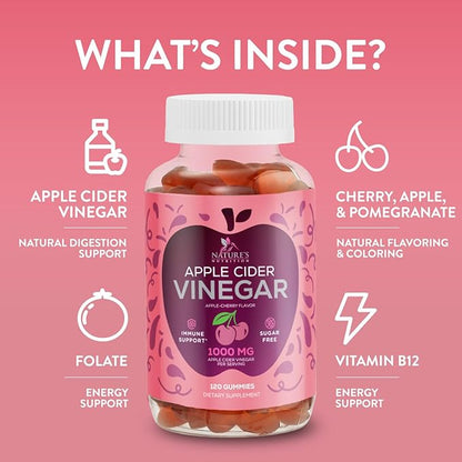Apple Cider Vinegar Gummies 1000mg Per Serving - Sugar Free ACV Gummy Vitamins Supplement with Vitamin B12 for Energy - Keto Friendly Digestion, Detox, Cleanse Support, Vegan, Non-GMO - 120 Gummies