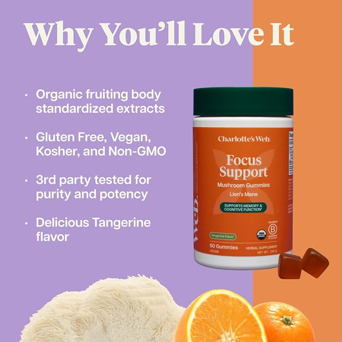 Charlotte's Web Focus Support Mushroom Gummies for Focus and Energy w/Lion’s Mane, Natural Cognitive Support Lions Mane Gummies for Adults — Tangerine Flavor (30 Servings)