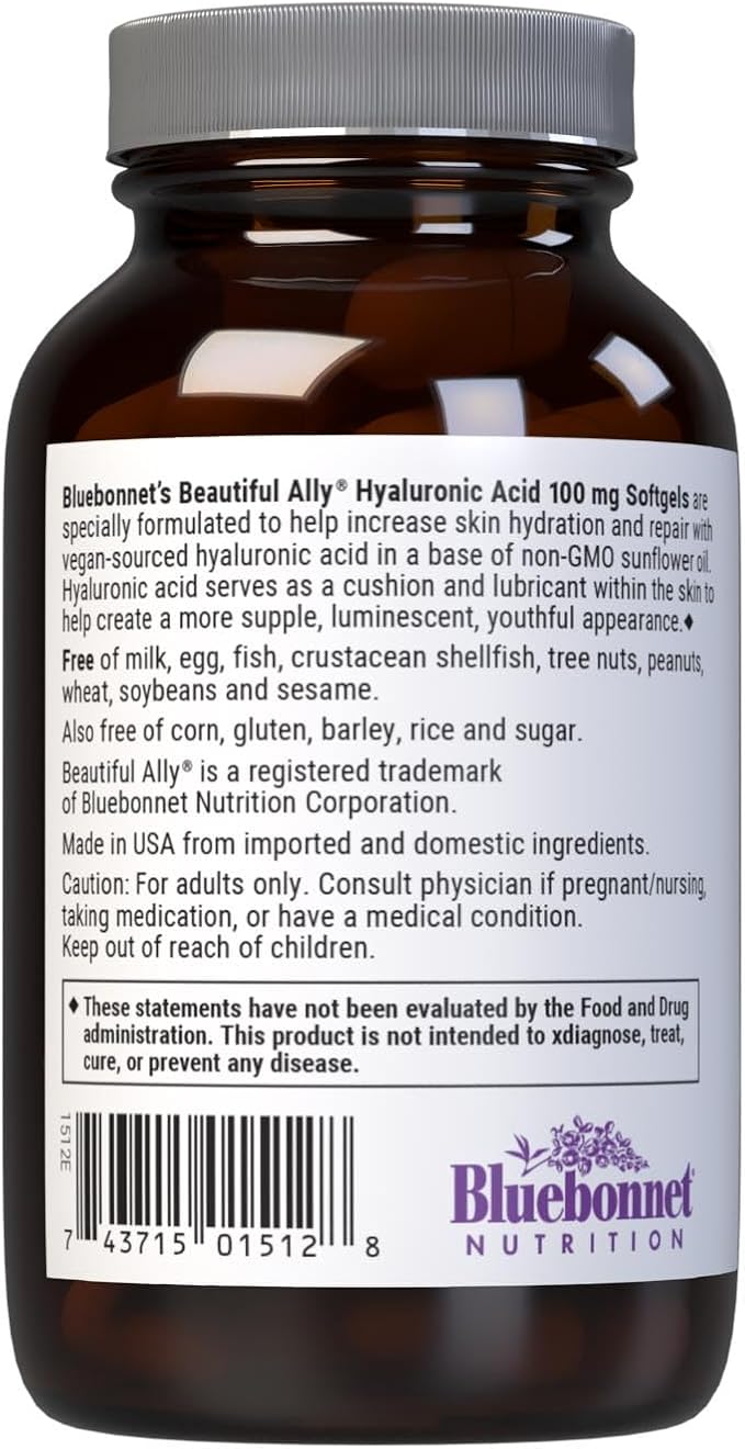 Bluebonnet Nutrition Beautiful Ally Hyaluronic Acid 100mg, Nurture Radiant Skin*, Non-GMO, Gluten-Free, Soy-Free, 90 Softgels, 90 Servings