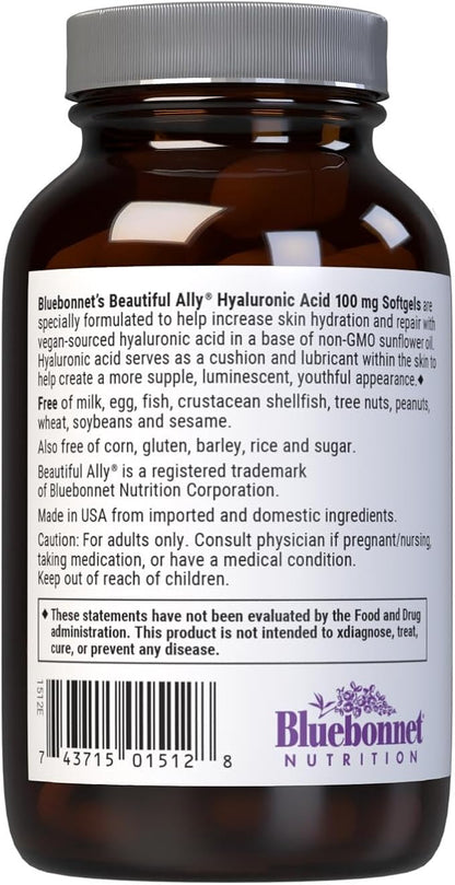 Bluebonnet Nutrition Beautiful Ally Hyaluronic Acid 100mg, Nurture Radiant Skin*, Non-GMO, Gluten-Free, Soy-Free, 90 Softgels, 90 Servings