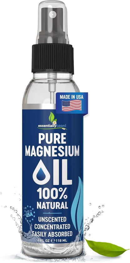 Pure Magnesium Oil Spray 4oz - Topical Magnesium Spray for Sleep & Feet - Extra Strength - USP Grade - 100% Natural and Organic Oil for Muscle Pain & Cramps - Less Sting - Less Itch - Made in USA