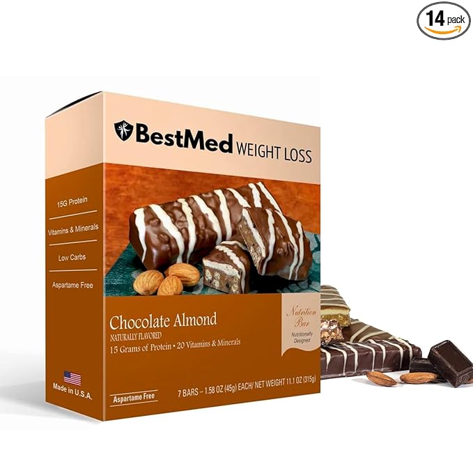 BestMed - High Protein Nutrition Bar - Low-Carb, 15g Protein, Low Sugar, High Fiber, Low Calorie, Meal Replacement Bar (Chocolate Almond, 2 Box - 14 Count)