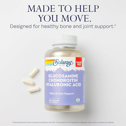 SOLARAY Glucosamine Chondroitin Hyaluronic Acid, Healthy Bone and Joint Support Supplement Plus Vitamin C for Enhanced Absorption, Lab Verified, 60-Day Guarantee, 60 Servings, 180 VegCaps