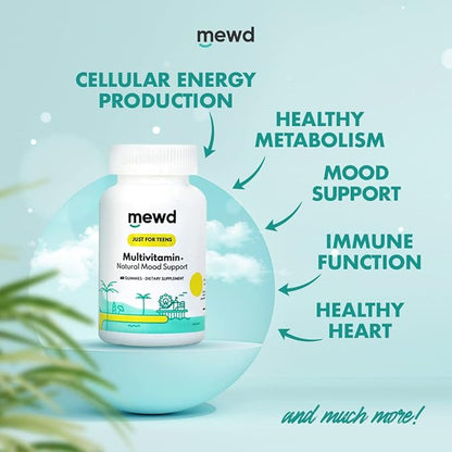 MEWD Teen and Kids Mood Support Multivitamin Gummies - Natural Focus & Calm with L-Theanine, Vitamins A, C, D3, B6, B9 & B12, Plus Zinc & Iron - Vegan Immune Booster, Gluten-Free Brain Health