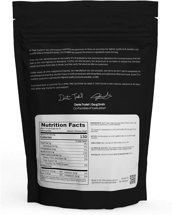 True Nutrition Grass Fed Beef Protein Isolate Powder - 29g Protein per Serving - Zero Carb, Fat Free, Dairy Free, Non-GMO - Paleo, Keto, Carnivore - Chocolate Fudge Brownie - 2lb