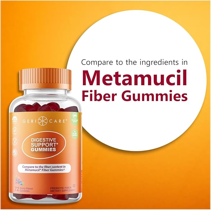 GeriCare Prebiotic Digestive Support, Gummies Compare to Metamucil Fiber Gummies, Berry Flavor, 72 Count, Plant-Based Fiber for Gut Health, Non-GMO, Gluten-Free, Vegan, Fiber Supplement (2 Pack)