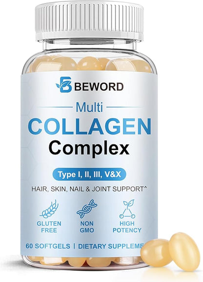 BEWORD Multi Collagen Softgels for Women & Men, 60 Capsules - Type I,II,III,V,X Hydrolyzed Collagen w/Vitamin C & Hyaluronic Acid - Supports Skin, Hair, Nails, Joints - Grass-Fed, Non-GMO, 1 Pack