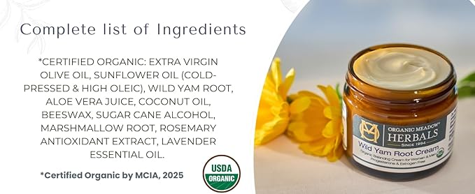 Organic Meadow Herbals Wild Yam Root Cream - USDA Certified Organic Balancing Cream for PMS & Menopause Relief - Estrogen & Progesterone-Free. Handmade by us. Woman-owned & Operated Since 1994 (2 oz)