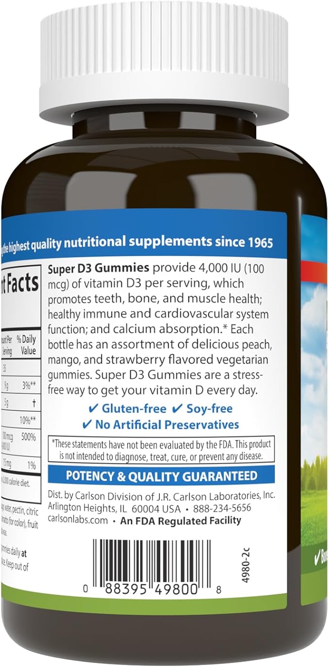 Carlson - Super D3 Gummies 4,000 IU (100 mcg), Bone Health, Immune Support & Calcium Absorption, Natural Fruit Flavors, 120 Vegetarian Gummies