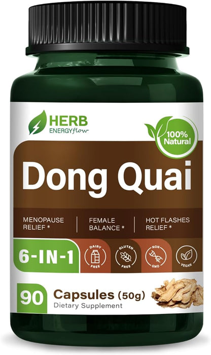 HERBENENERGYflow Dong Quai Capsules, 90 Count. Women Health Supplement for Menopause Relief | Female Balance & Hot Flashes Relief. | Non-GMO, Vegetarian Capsules w/Black Cohosh Red Clover.