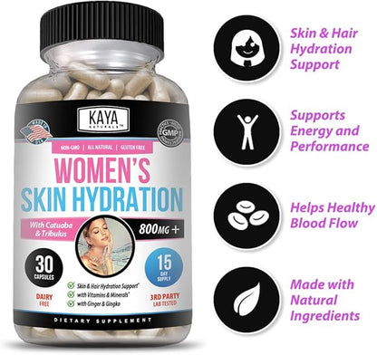 Kaya Naturals Skin Hydration Vitamins - Female Pills - Skin Enhancer Capsules -Hydration Booster for Women - Promotes Increased Energy, Mood & Stamina - Reduction in Dryness - 30 Veggie Capsules