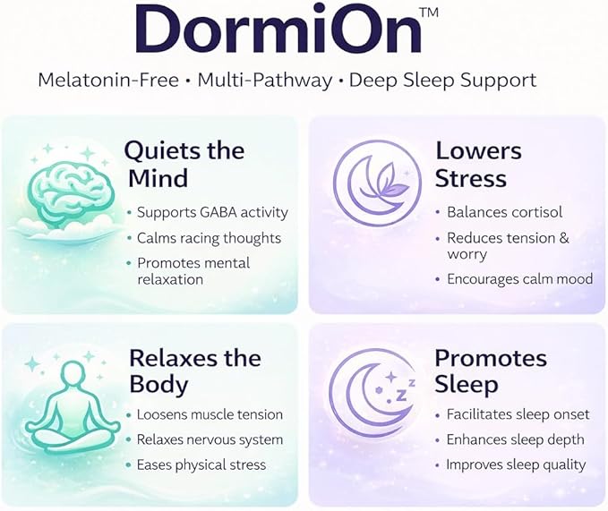 DormiOn™ Sleep + Restore + Stress Supplement | Herbal Sleep Aid for Women & Men | No Melatonin, Non-Habit Forming | Ashwagandha, GABA, Valerian & Magnesium | Vegan, 60 Capsules