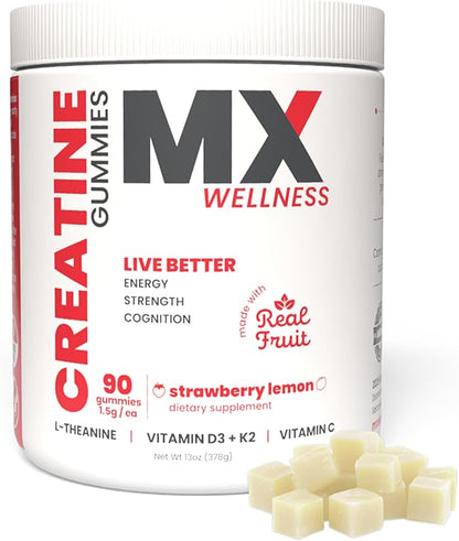 Creatine Monohydrate Gummies for Men & Women – Real Fruit Gummy Supplement for Muscle Growth, Recovery, Longevity, Cognitive Health & Memory – 90 Chews (90 Gummies, Strawberry Lemon)