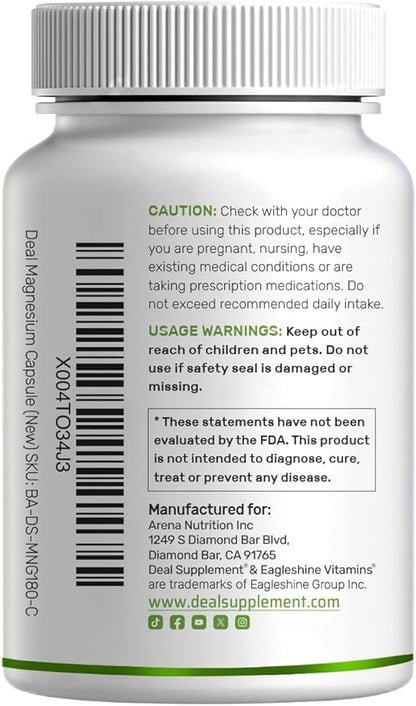 Deal Supplement Magnesium Glycinate 500mg, 240 Veggie Capsules | 100% Chelated for Easy Absorption | Essential Mineral Supplement | Non-GMO, Gluten-Free