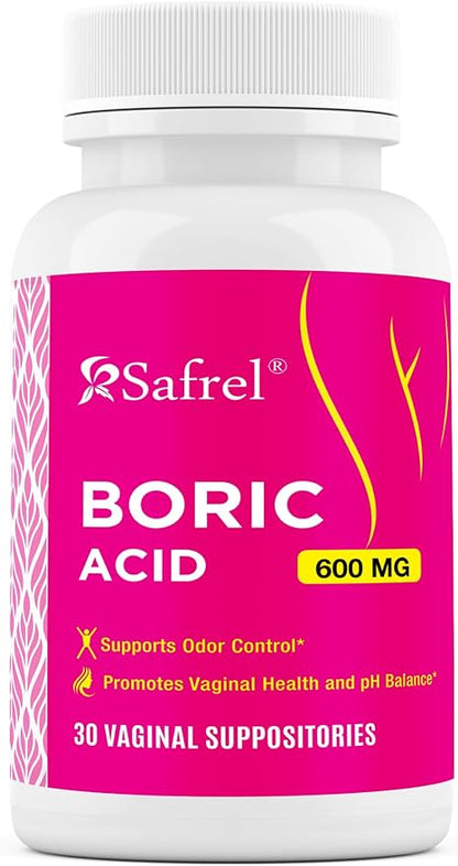 Safrel Boric Acid Vaginal Suppositories - 100% Pure Made in USA - Intimate Health Support, Vaginal Health and pH, Odor Control (30 Count)