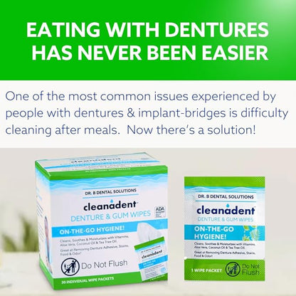 Dr. B Dental Solutions Cleanadent Wipes - Convenient Denture Cleaning Wipes, Refreshes Gums, No Artificial Colors/Flavors - 60 Count