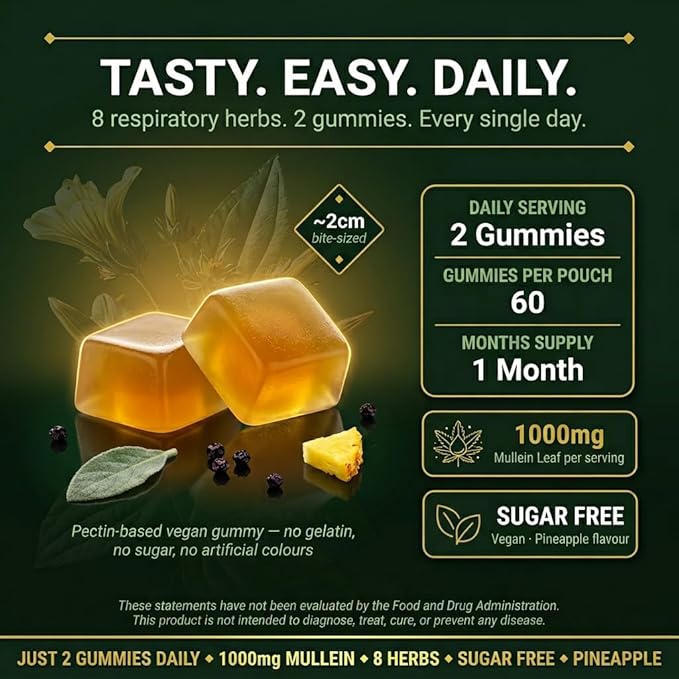 Mullein Gummies, 8-in-1 Natural Herbal Blend, Pineapple Flavor, 60 Count, Respiratory Support Supplement with Elderberry, Vitamin C, Ginger Root