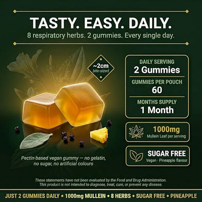 Mullein Gummies, 8-in-1 Natural Herbal Blend, Pineapple Flavor, 60 Count, Respiratory Support Supplement with Elderberry, Vitamin C, Ginger Root