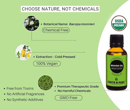 Earth N Pure Brahmi Oil for Hair, Cold Pressed, Natural and Therapeutic Grade with Glass Dropper - 50 ML