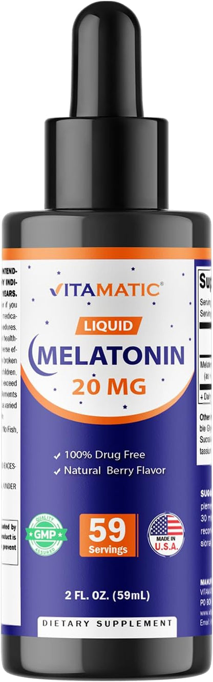 Vitamatic Melatonin 20mg Liquid Drops – 2 Fluid Ounce (59ml) – Natural Berry Flavor – for Adults – Non-GMO – Vegetarian Supplement