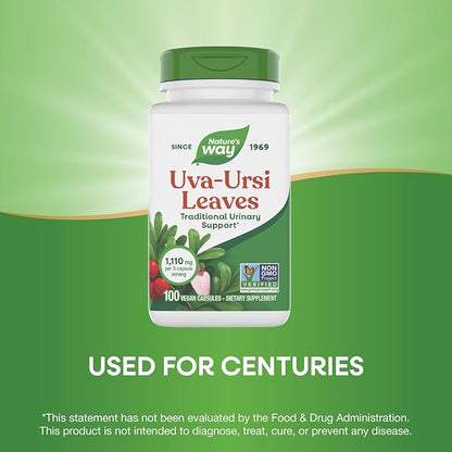 Nature's Way Uva Ursi Leaves, Traditional Urinary Support*, 1,110 mg per 3-Capsule Serving, Non-GMO Project Verified, Herbal Dietary Supplement, Gluten Free, 100 Vegan Capsules (Packaging May Vary)