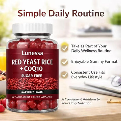 Lunessa Red Yeast Rice, with Red Yeast Rice 2400mg, CoQ10 200mg, Restores Body Vitality & Maintains Healthy Cholesterol Levels for Men & Women, Non-GMO, Vegan, Raspberry Flavor, 60 Gummies (1)
