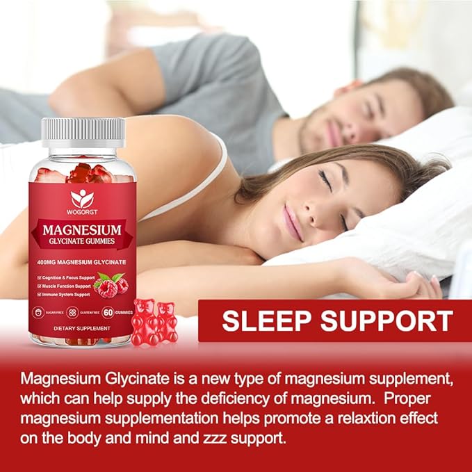 Magnesium Glycinate Gummies - 400mg Magnesium Glycinate Gummy with Vitamin D, B6, and CoQ10, Magnesium Supplement for Relaxation and Cognition, Sugar Free - 60 Raspberry Gummies (2 Pack)