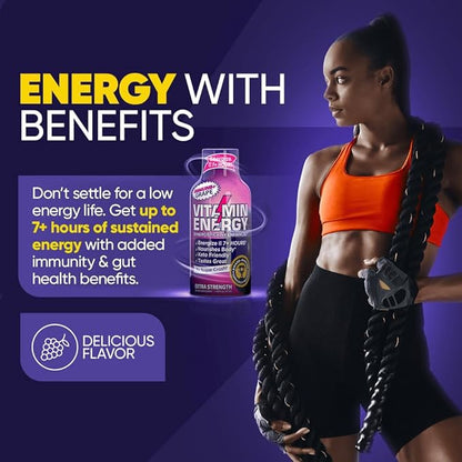 Vitamin Energy Immune+ Extra Strength Energy Shot Grape 12 Pack, 260mg Natural Caffeine, B-Vitamins, Citicoline, Green Tea, Immunity & Focus Support, Zero Sugar, Gluten-Free 1.93 fl oz