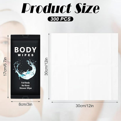 Treela 300 Pcs Large Body Wipes Bulk Deodorant Travel Size for Homeless Care Package Supplies Individually Wrapped Adults Bathing No Rinse Wet Wipes Men Women Hygiene Items(12" X 12'',Black)