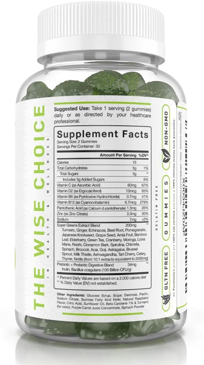 PUREFINITY Daily Super Greens Gummies with Spirulina, Spinach, Broccoli, Beet Root, Acai, and Other Vegetables, All-in-One Veggie Supplement – Non-GMO, Gluten Free, Vegan, 60 Count