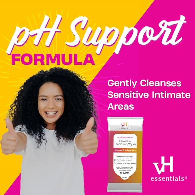 vH essentials Feminine Cleansing Wipes 32 ct. pH Balanced, Prebiotics, Tea Tree & Aloe, Soothing Witch Hazel, Vaginal and Perianal Care, Paraben, Alcohol, and Fragrance-Free (Pack of 6)
