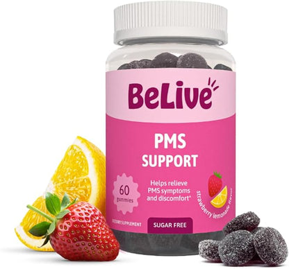 BeLive PMS Support Gummies Supplement – Helps Relieve PMS Symptoms – Hormonal Balance Mood Swings & Cramps Relief, Bloating Support – with Chaste Tree Extract - Strawberry Lemonade Flavor – 60 Count