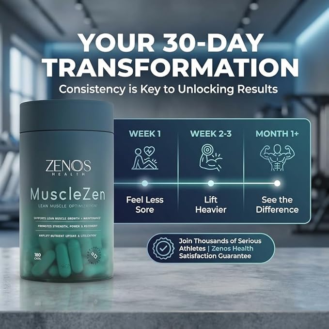 Zenos Health MuscleZen Muscle Builder for Men – ATP Supplements for Strength – Muscle Supplements for Super Recovery – Clear Muscle Support for Lean Muscle Growth - Made in USA, 180 Caps