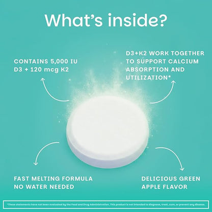 EZ Melts Dissolvable Vegan Vitamin D3 + K2 5,000 IU - Bone & Heart Health Support - Immune Function Support - No Artificial Flavors - Non-GMO - Green Apple - 90 Dissolvable Tablets (90 Servings)