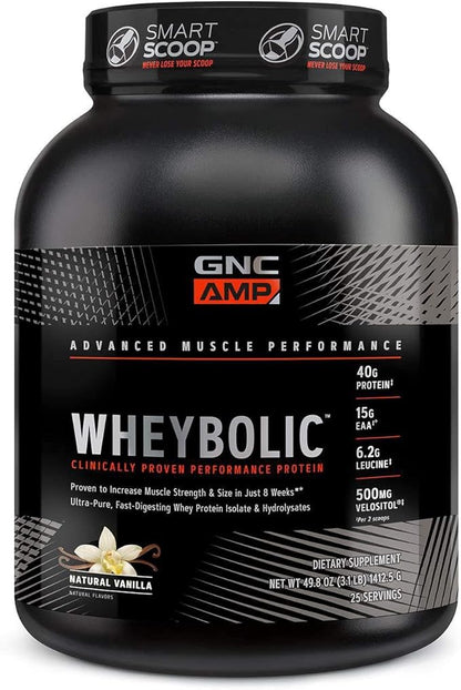 GNC AMP Wheybolic Clinically Proven Protein Powder, 40g Whey Protein, BCAA, Leucine, Increases Muscle Strength, Muscle Building, 3rd Party Tested, Gluten Free, Natural Vanilla, 25 Servings