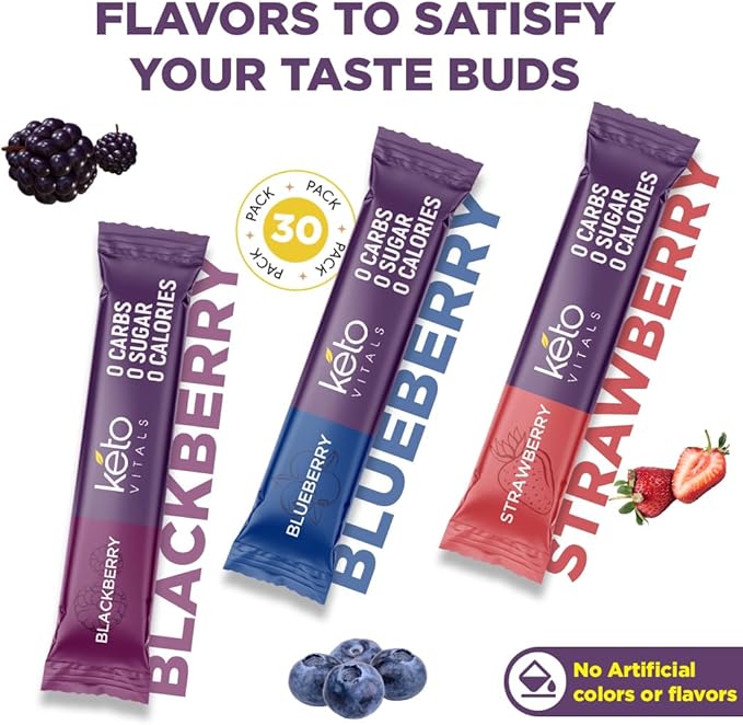 Keto Vitals Antioxidant Electrolytes Powder Packets No Sugar | Keto Friendly Electrolytes Travel Packets | Variety Stickpacks | Energy Drink Mix | Zero Calorie | Zero Carb (Berry Assorted, 30)