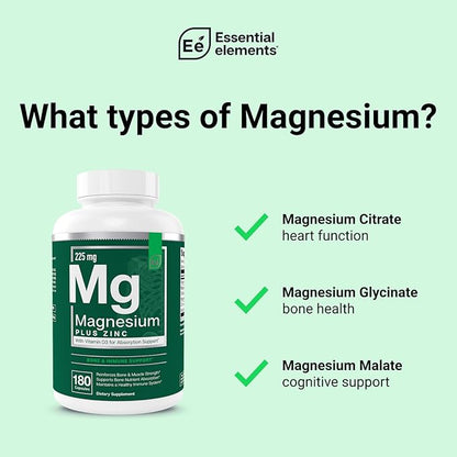 Essential Elements Magnesium Plus Zinc with Vitamin D3 | Scientifically Formulated Heart, Bone & Muscle Support | 225mg Triple-Strength Magnesium Complex with Glycinate, Malate, Citrate | 180 Count