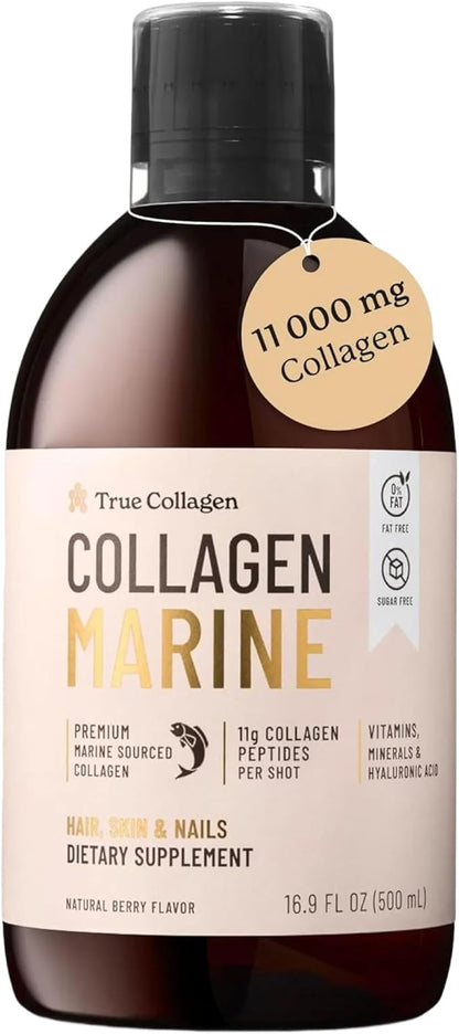True Collagen Marine | 11,000 mg Hydrolyzed Collagen Liquid Supplement - 500 ml, 20 Day Supply | Hyaluronic Acid, Biotin and Vitamin C for Healthy Hair, Skin and Nails | Sugar-Free & Fat-Free