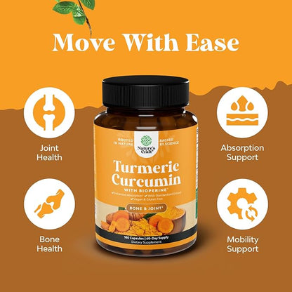 Turmeric Curcumin with Black Pepper Extract - Joint Health Turmeric Supplement with 95% Curcuminoids - Daily Joint Support Supplement with Turmeric and Bioperine for Enhanced Absorption - 180 Count