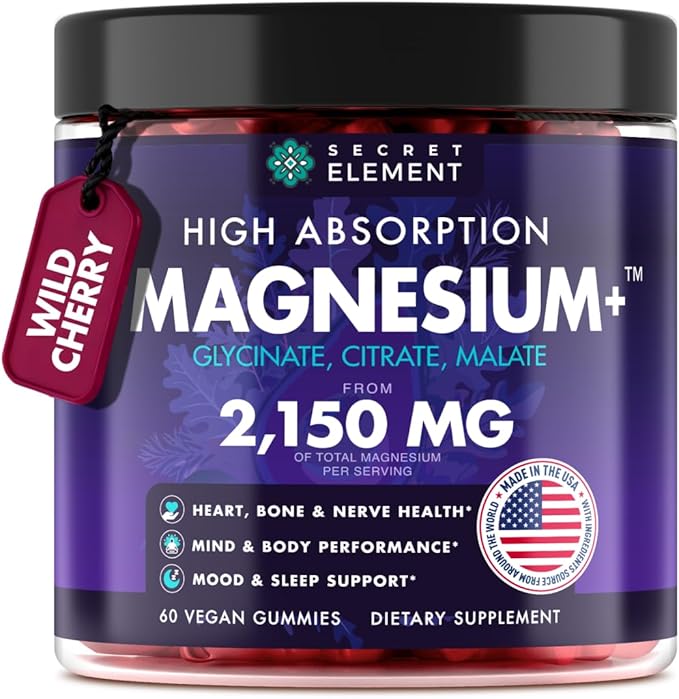 Magnesium Glycinate 2150 MG Gummies, High Absorption Magnesium Glycinate, Citrate & Malate, Sugar-Free, Vegan, Chews for Men & Women, 60 Gummies, Cherry Flavor– 60 Wild Cherry Flavor Chews