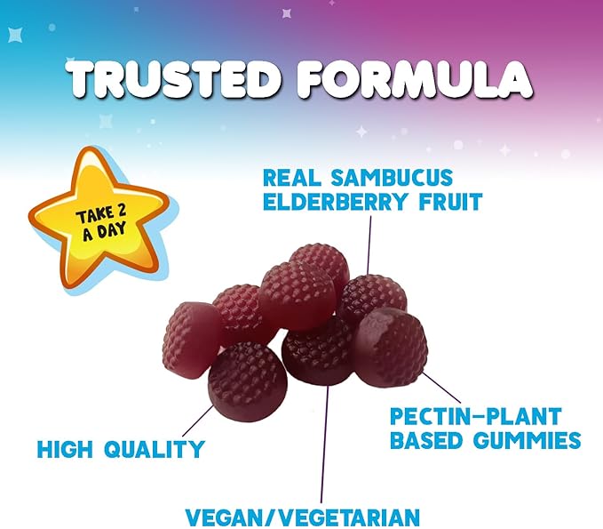 Kids Immune Support Elderberry Gummies - Daily Children's Vitamins C, Zinc & Kids Support Gummy - Nature's Sambucus Elderberry Supplement, Vegan, Gluten-Free, Tasty Berry Flavor - 120 Gummies
