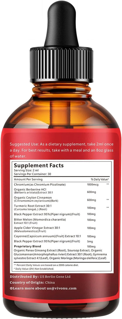 14-in-1 Berberine with Ceylon Cinnamon Supplement Liquid Drops, 1800mg + 30:1 Liposomal Tech with Cayenne Pepper Soursop Chromium Bitter Melon Turmeric Moringa Gymnema Glucomannan, GLP Support 2Bottle