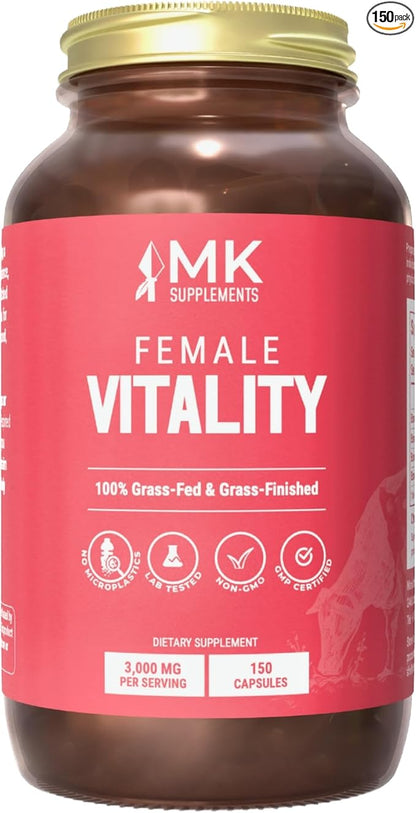 MK Supplements Female Vitality | Grass-Fed Beef Organs for Women | Spleen, Uterus, Ovaries, Fallopian Tubes & Kidney | No Phytoestrogens | 150 Capsules