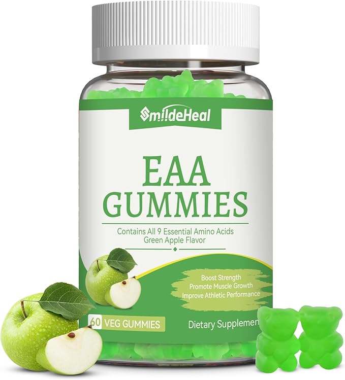SmideHeal EAA Gummies, 5750 mg Essential Amino Acids - All 9 Essential Aminos (EAA) and All Branched-Chain Aminos (BCAAs), Non-GMO, Gluten Free, Vegetarian Friendly, Apple Flavor, 60 Gummies