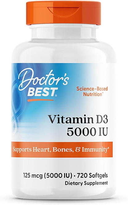 Doctor'S Best Vitamin D3, Capsule 5, 000 Iu for Healthy Bones, Teeth, Heart & Immune Support, Non-GMO, Gluten-Free, Soy Free, 720 Count (Pack of 1)