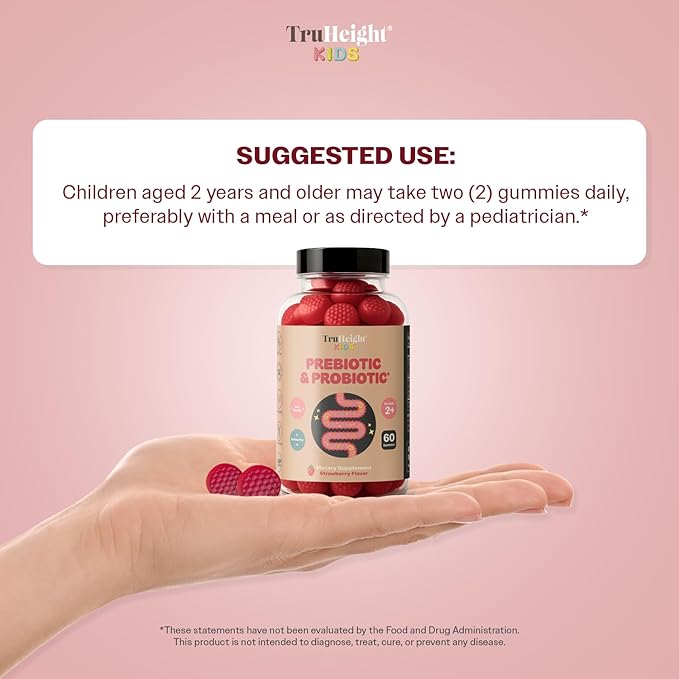 TruHeight Kids Prebiotic & Probiotic Gummies Ages 2+ (Strawberry Flavor) Toddlers & Kids All Natural Gut Health, Digestive Enzymes, Stomache Ache, Constipation Relief Supplement - Pediatric Vitamins