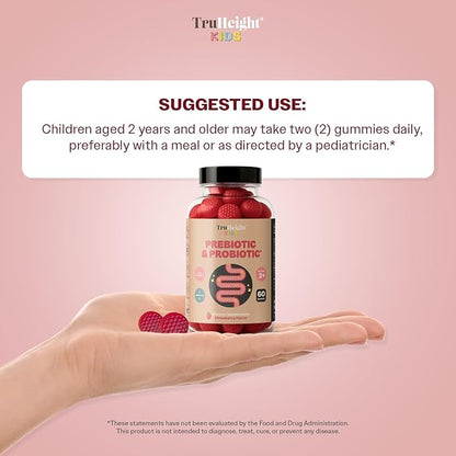 TruHeight Kids Prebiotic & Probiotic Gummies Ages 2+ (Strawberry Flavor) Toddlers & Kids All Natural Gut Health, Digestive Enzymes, Stomache Ache, Constipation Relief Supplement - Pediatric Vitamins